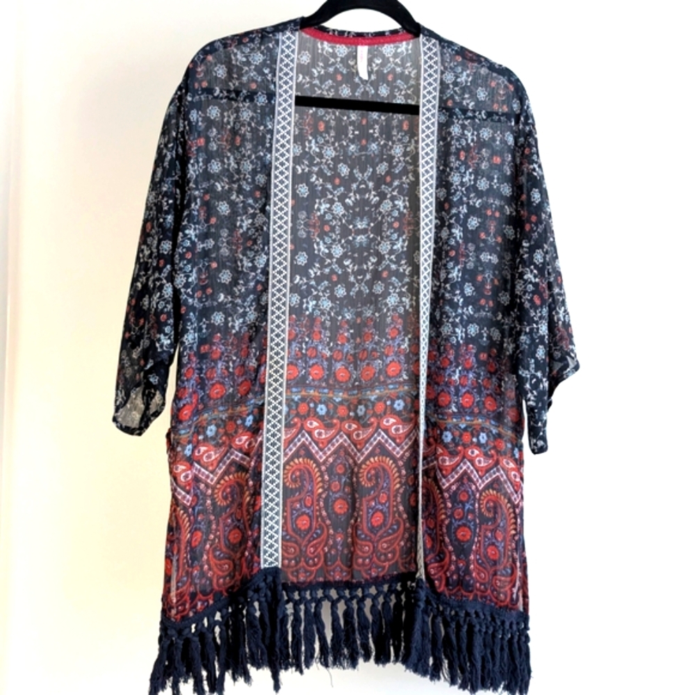 Boho Duster/Kimono With Embroidered Edge And Fringe